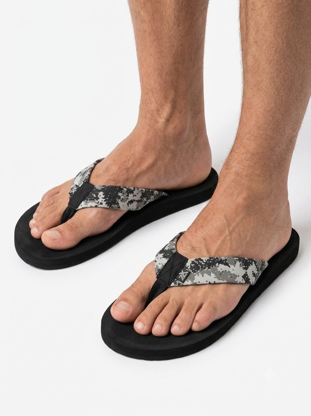 Men's Black Flip Flops with Gray Digital Camo Straps